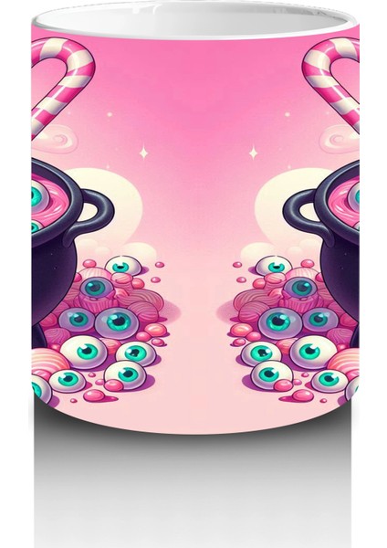 Pembe Arka Plan Üzerinde Şeker Dolu Cadı Kazanı Figürlü Cadılar Bayramı Baskılı Kupa Bardak modelleri