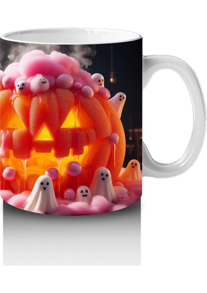 Pembe Krema ve Gözlerle Süslenmiş Balkabağı Figürlü Eğlenceli Cadılar Bayramı Baskılı Kupa Bardak fırsatları