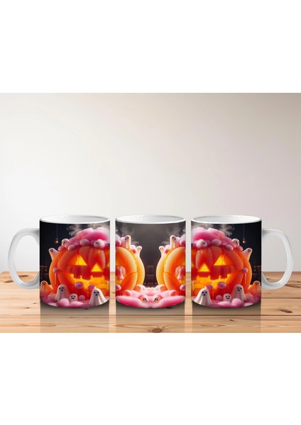 Pembe Krema ve Gözlerle Süslenmiş Balkabağı Figürlü Eğlenceli Cadılar Bayramı Baskılı Kupa Bardak indirimleri