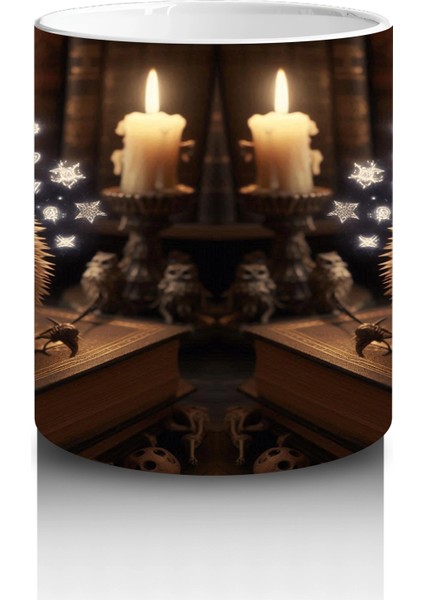 Mum Işığında Kafatası ve Kitaplarla Gotik Cadılar Bayramı Baskılı Kupa modelleri