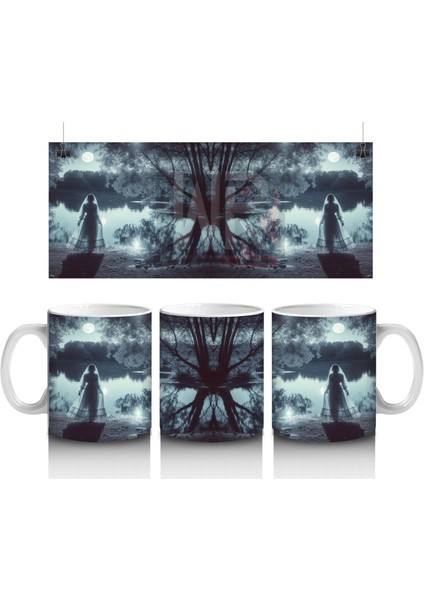 Sisli Mezarlıkta Kara Pelerinli Silüet Figürlü Gotik Cadılar Bayramı Baskılı Kupa Bardak