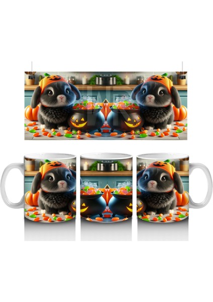 Kostümlü Hayvanlar ve Balkabaklarıyla Sevimli Cadılar Bayramı Baskılı Kupa