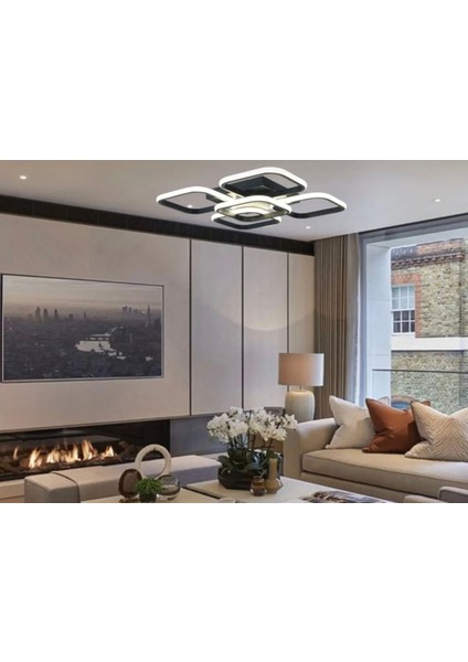 5'li Kare LED Plafonyer Avize, 3 Renk Kumandalı, Siyah, Modern ve Şık Tasarım