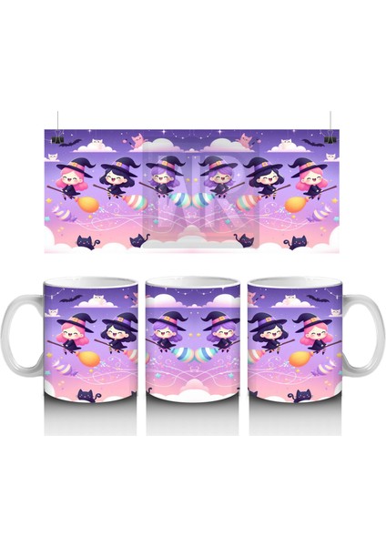Mor Arka Plan Üzerinde Sevimli Hayaletler ve Şekerlemelerle Cadılar Bayramı Baskılı Kupa Bardak