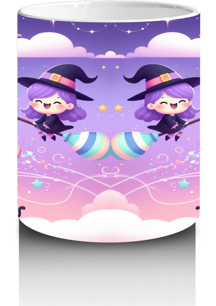 Mor Arka Plan Üzerinde Sevimli Hayaletler ve Şekerlemelerle Cadılar Bayramı Baskılı Kupa Bardak modelleri