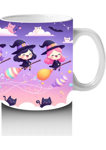 Mor Arka Plan Üzerinde Sevimli Hayaletler ve Şekerlemelerle Cadılar Bayramı Baskılı Kupa Bardak fırsatları
