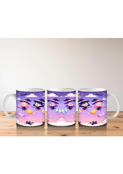 Mor Arka Plan Üzerinde Sevimli Hayaletler ve Şekerlemelerle Cadılar Bayramı Baskılı Kupa Bardak indirimleri