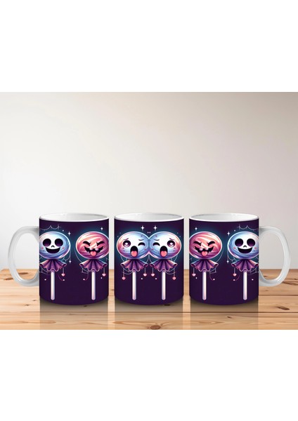 Kafatası Şeker Figürlü Lolipoplarla Renkli Cadılar Bayramı Baskılı Kupa Bardak indirimleri