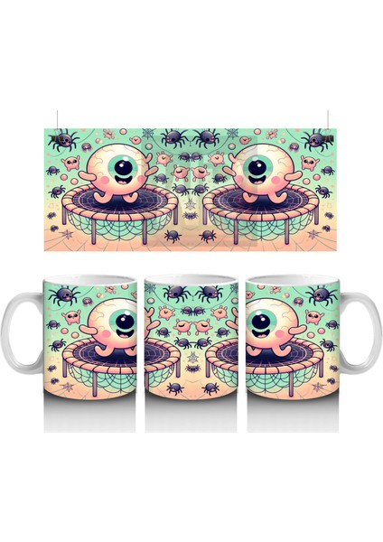 Göz Küresi Figürlü Renkli Şekerlemelerle Süslenmiş Cadılar Bayramı Baskılı Kupa