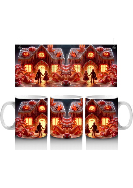 Kırmızı Perili Evler ve Balkabaklarıyla Renkli Cadılar Bayramı Baskılı Kupa Bardak