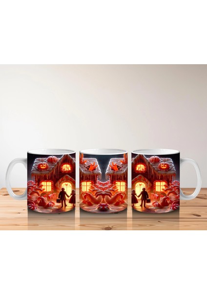 Kırmızı Perili Evler ve Balkabaklarıyla Renkli Cadılar Bayramı Baskılı Kupa Bardak indirimleri