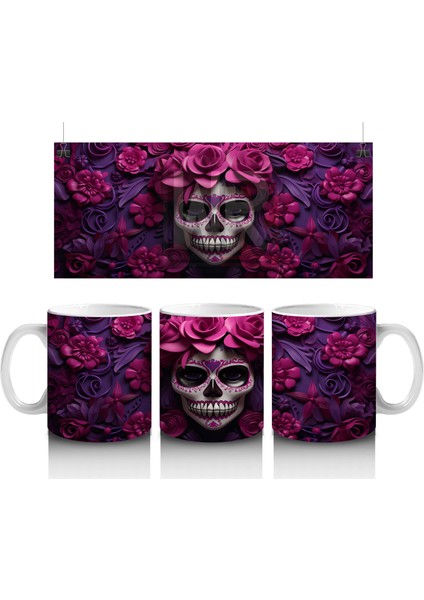 Mor ve Pembe Gül Bahçesinde Gotik Kafatası – Hediyelik Kahve Kupası