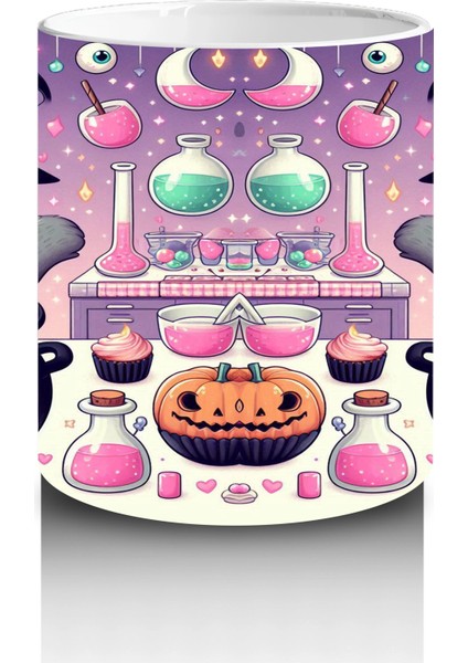 Pembe Arka Plan Üzerinde Sevimli Cadı Kız Figürlü Cadılar Bayramı Baskılı Kupa modelleri