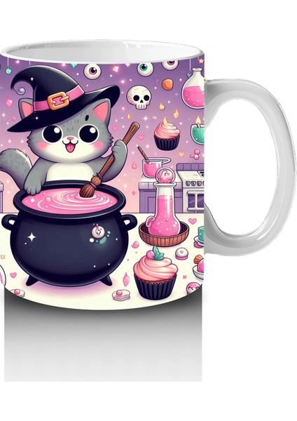 Pembe Arka Plan Üzerinde Sevimli Cadı Kız Figürlü Cadılar Bayramı Baskılı Kupa fırsatları