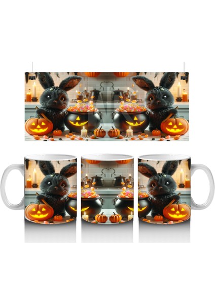 Korkmuş Kedi Figürlü Cadı Kostümlü Eğlenceli Cadılar Bayramı Baskılı Kupa Bardak