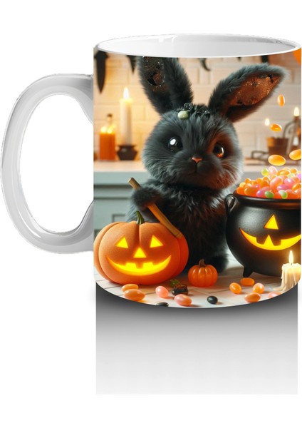 Korkmuş Kedi Figürlü Cadı Kostümlü Eğlenceli Cadılar Bayramı Baskılı Kupa Bardak fiyatları