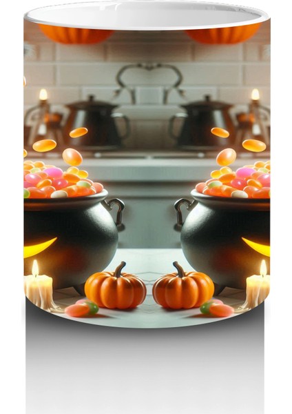 Korkmuş Kedi Figürlü Cadı Kostümlü Eğlenceli Cadılar Bayramı Baskılı Kupa Bardak modelleri