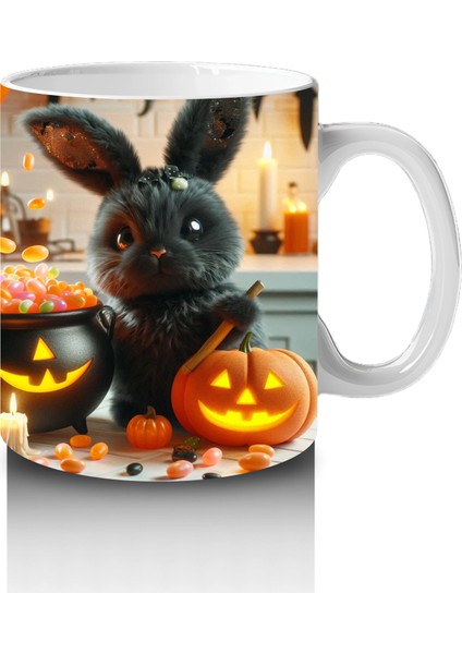 Korkmuş Kedi Figürlü Cadı Kostümlü Eğlenceli Cadılar Bayramı Baskılı Kupa Bardak fırsatları