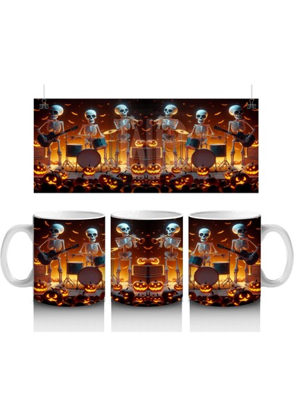 Karanlıkta Asılı Siyah Balonlar ve Mumlarla Cadılar Bayramı Baskılı Kupa Bardak