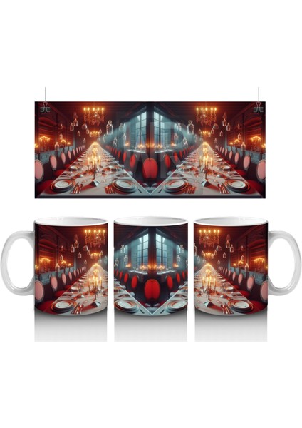 Kırmızı Işıklı Gotik Salon ve Taht Temalı Cadılar Bayramı Baskılı Kupa Bardak