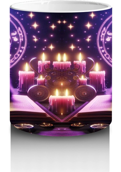 Mor Işıklı Büyü Sahnesinde Kitap Okuyan Cadı Figürlü Cadılar Bayramı Baskılı Kupa Bardak modelleri