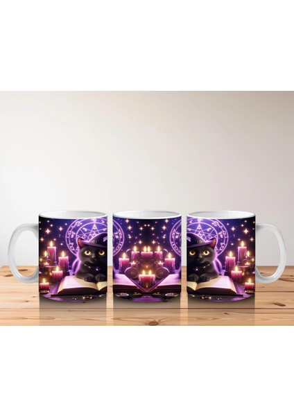 Mor Işıklı Büyü Sahnesinde Kitap Okuyan Cadı Figürlü Cadılar Bayramı Baskılı Kupa Bardak indirimleri