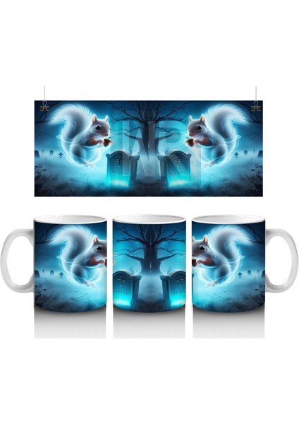 Buz Mavisi Alevlerle Yükselen Hayalet Figürlü Cadılar Bayramı Baskılı Kupa