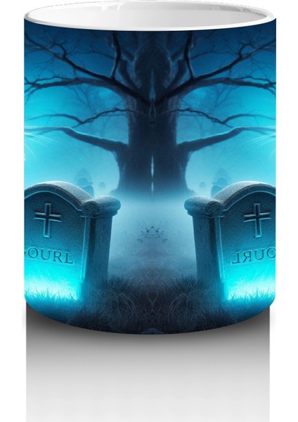 Buz Mavisi Alevlerle Yükselen Hayalet Figürlü Cadılar Bayramı Baskılı Kupa modelleri