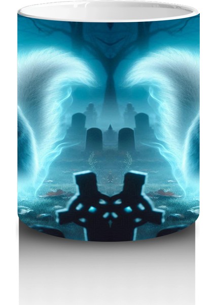 Buz Mavisi Alevler Arasında Dans Eden Hayalet Figürlü Cadılar Bayramı Baskılı Kupa Bardak modelleri