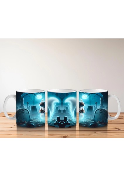 Buz Mavisi Alevler Arasında Dans Eden Hayalet Figürlü Cadılar Bayramı Baskılı Kupa Bardak indirimleri