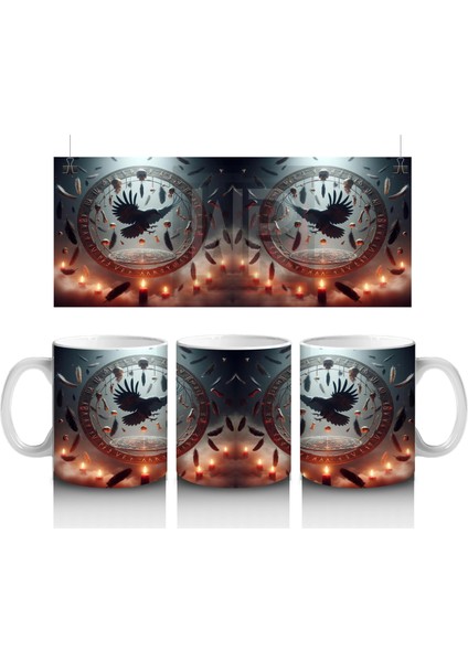 Dev Saat Önünde Oturan Siyah Kedi Figürlü Gotik Cadılar Bayramı Baskılı Kupa Bardak