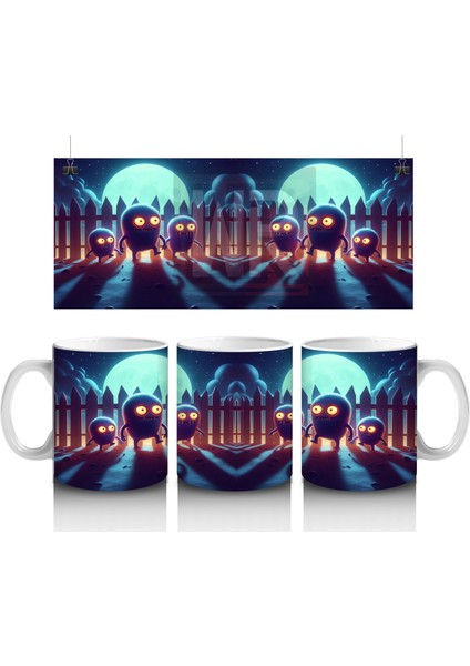 Dolunay Altında Yürüyen Iskeletler Desenli Retro Cadılar Bayramı Baskılı Kupa