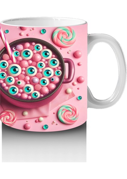 Pembe Zemin Üzerinde Korkunç Şeker Figürlü Sevimli Cadılar Bayramı Baskılı Kupa fırsatları