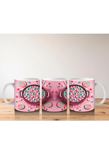 Pembe Zemin Üzerinde Korkunç Şeker Figürlü Sevimli Cadılar Bayramı Baskılı Kupa indirimleri