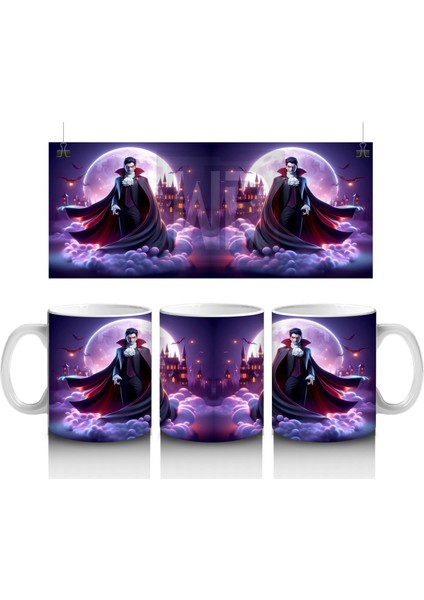 Mor Işıklı Sahne Üzerinde Kırmızı Pelerinli Vampir Figürlü Cadılar Bayramı Baskılı Kupa Bardak