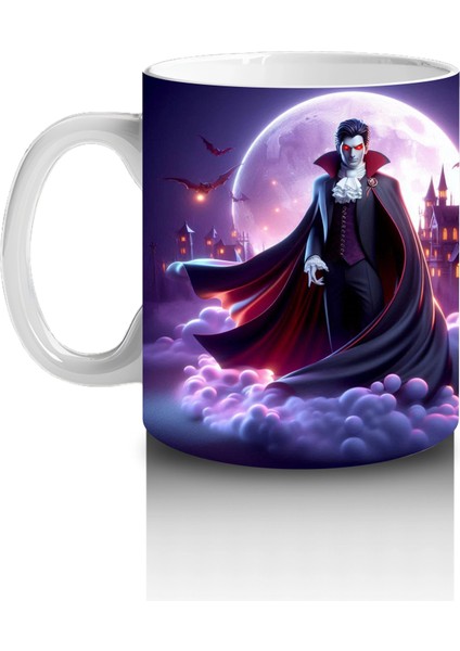 Mor Işıklı Sahne Üzerinde Kırmızı Pelerinli Vampir Figürlü Cadılar Bayramı Baskılı Kupa Bardak fiyatları