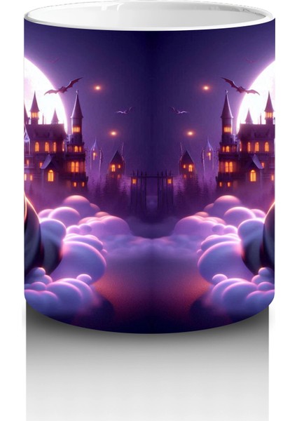 Mor Işıklı Sahne Üzerinde Kırmızı Pelerinli Vampir Figürlü Cadılar Bayramı Baskılı Kupa Bardak modelleri