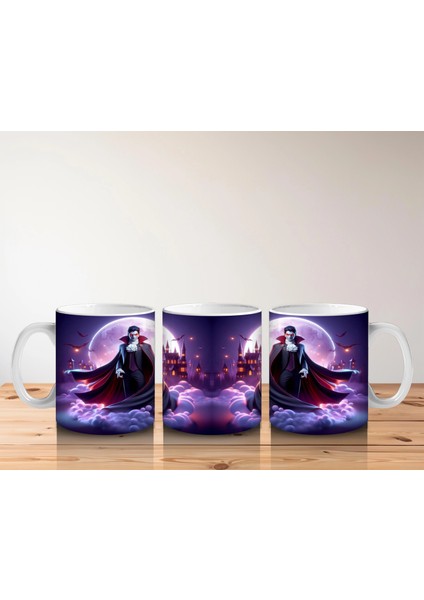 Mor Işıklı Sahne Üzerinde Kırmızı Pelerinli Vampir Figürlü Cadılar Bayramı Baskılı Kupa Bardak indirimleri