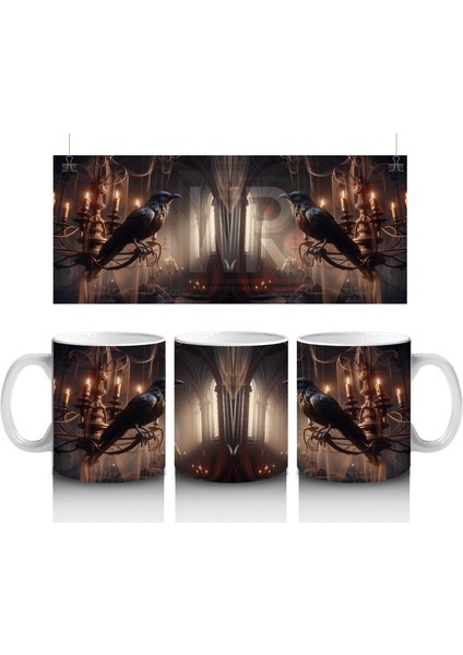 Loş Işıklı Gotik Koridorda Mumlar ve Kitaplarla Cadılar Bayramı Baskılı Kupa