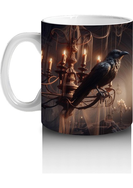 Loş Işıklı Gotik Koridorda Mumlar ve Kitaplarla Cadılar Bayramı Baskılı Kupa fiyatları