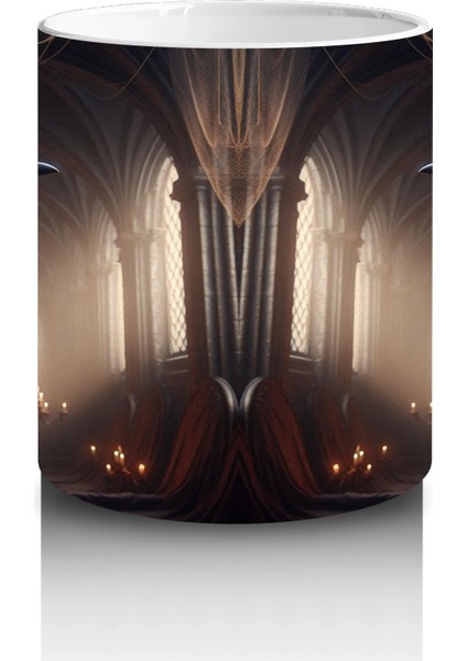 Loş Işıklı Gotik Koridorda Mumlar ve Kitaplarla Cadılar Bayramı Baskılı Kupa modelleri
