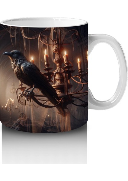 Loş Işıklı Gotik Koridorda Mumlar ve Kitaplarla Cadılar Bayramı Baskılı Kupa fırsatları