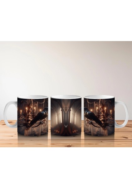 Loş Işıklı Gotik Koridorda Mumlar ve Kitaplarla Cadılar Bayramı Baskılı Kupa indirimleri