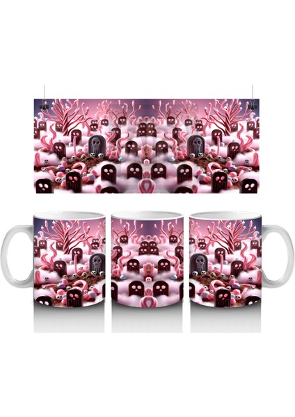 Pembe Arka Plan Üzerinde Vampir Kostümlü Çocuklar Figürlü Tatlı Cadılar Bayramı Baskılı Kupa Bardak