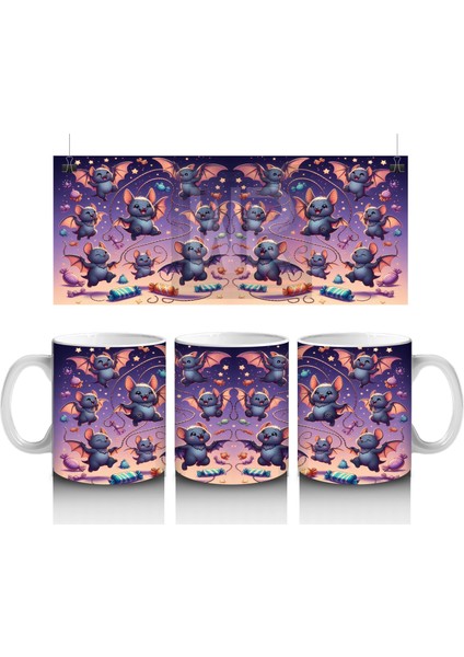 Mor Arka Plan Üzerinde Korkunç Hayaletler ve Balkabaklarıyla Cadılar Bayramı Baskılı Kupa Bardak