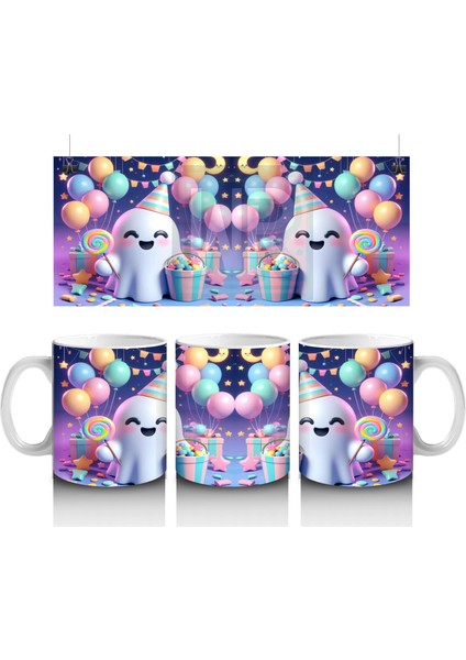 Renkli Neon Işıklarla Süslenmiş Sevimli Hayalet Figürlü Cadılar Bayramı Baskılı Kupa Bardak