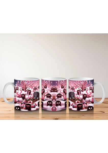 Pembe Arka Plan Üzerinde Vampir Kostümlü Çocuklar Figürlü Tatlı Cadılar Bayramı Baskılı Kupa Bardak indirimleri