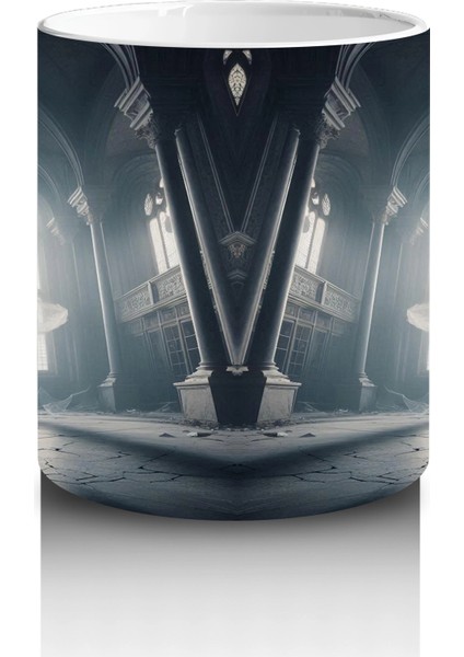 Gri Tonlarda Sisli Iskelet Portresi Figürlü Gotik Baskılı Kupa modelleri