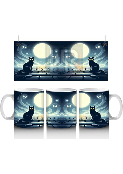 Dolunay Altında Iskelet Silüetiyle Korku Temalı Cadılar Bayramı Baskılı Kupa Bardak