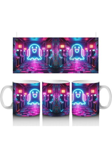 Neon Işıklı Gotik Şato Girişi Figürlü Renkli Cadılar Bayramı Baskılı Kupa Bardak